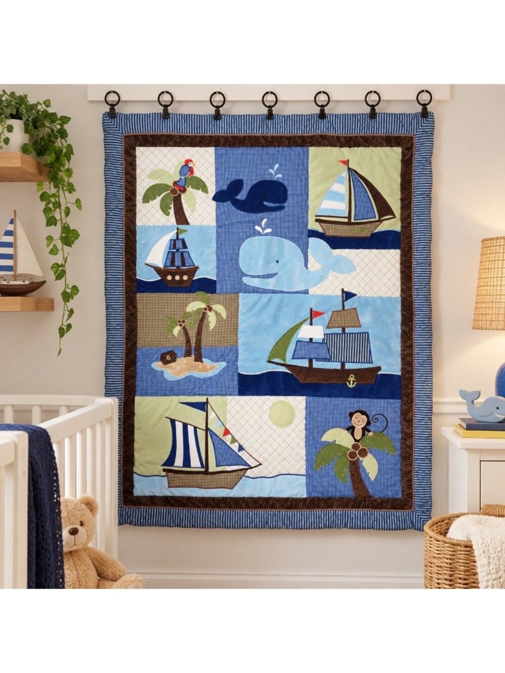 NoJo Ahoy Mate Pirate Whale Baby Crib Quilt Comforter Wall Hanging 42x32 Hooks